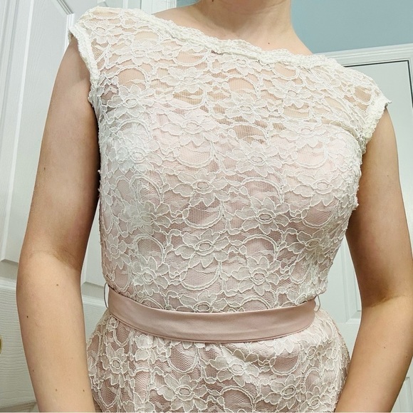 Mori Lee Dress Lace Pink White Bow Dainty Midlength Formal Cocktail Bow Size 14 - Picture 2 of 9